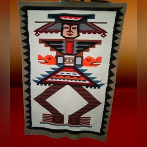 Vintage Hand Woven Wool Tapestry 25” x 37” | Ecuadorian Dance Warrior Rug